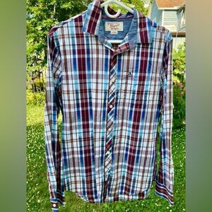 The Original Penguin Men’s Heritage Slim Fit Blue Maroon Plaid Button Down Sz M